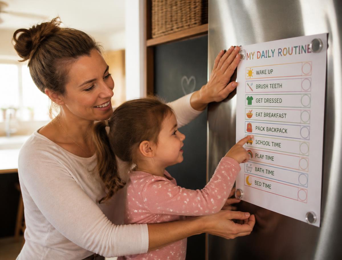 Mãe e filha colocando o quadro de rotina na geladeira